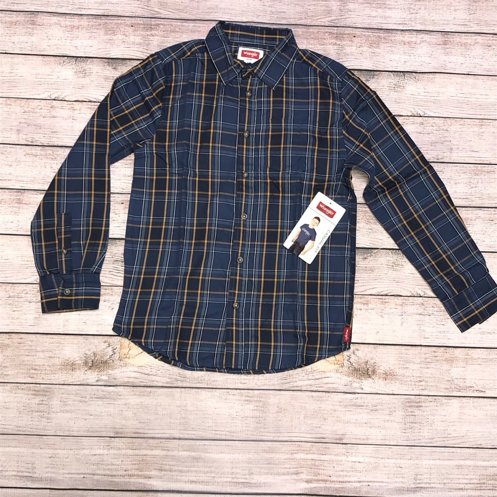Boys Wrangler Navy and Yellow Plaid Button Down Shirt